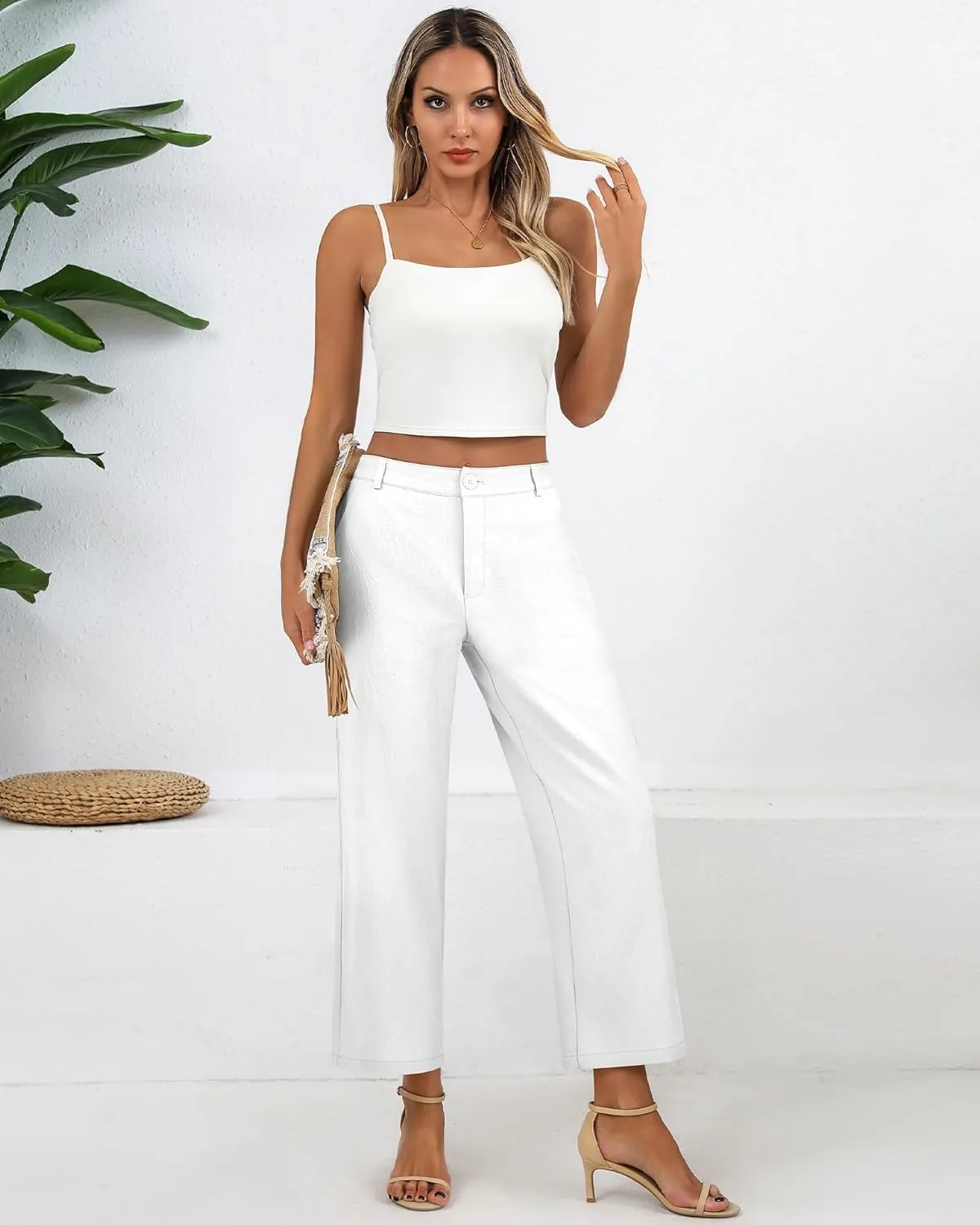 Neer Women's Cotton Linen Palazzo Pants, Casual Wide Leg Lounge Pants Summer High Waisted Flowy Trousers with Pockets