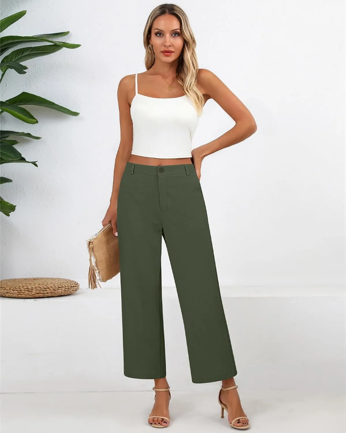 Neer Women's Cotton Linen Palazzo Pants, Casual Wide Leg Lounge Pants Summer High Waisted Flowy Trousers with Pockets