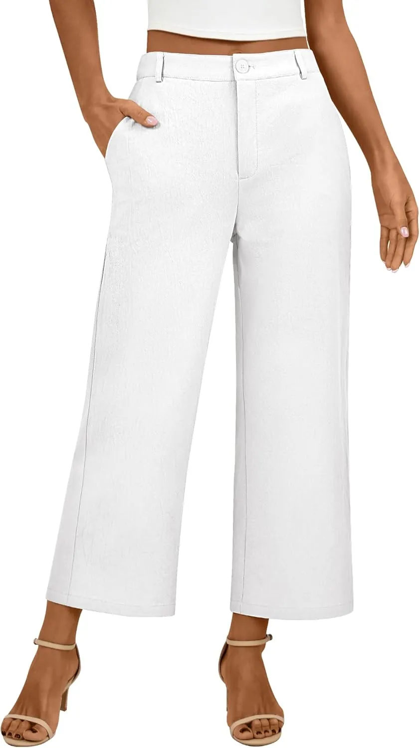 Neer Women's Cotton Linen Palazzo Pants, Casual Wide Leg Lounge Pants Summer High Waisted Flowy Trousers with Pockets