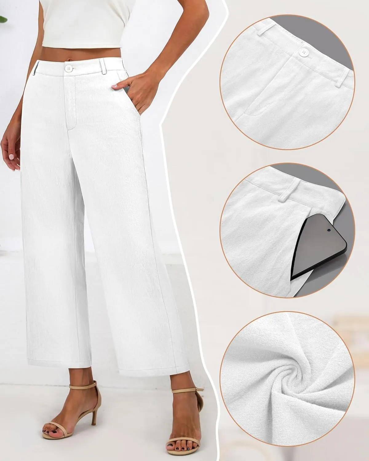 Neer Women's Cotton Linen Palazzo Pants, Casual Wide Leg Lounge Pants Summer High Waisted Flowy Trousers with Pockets