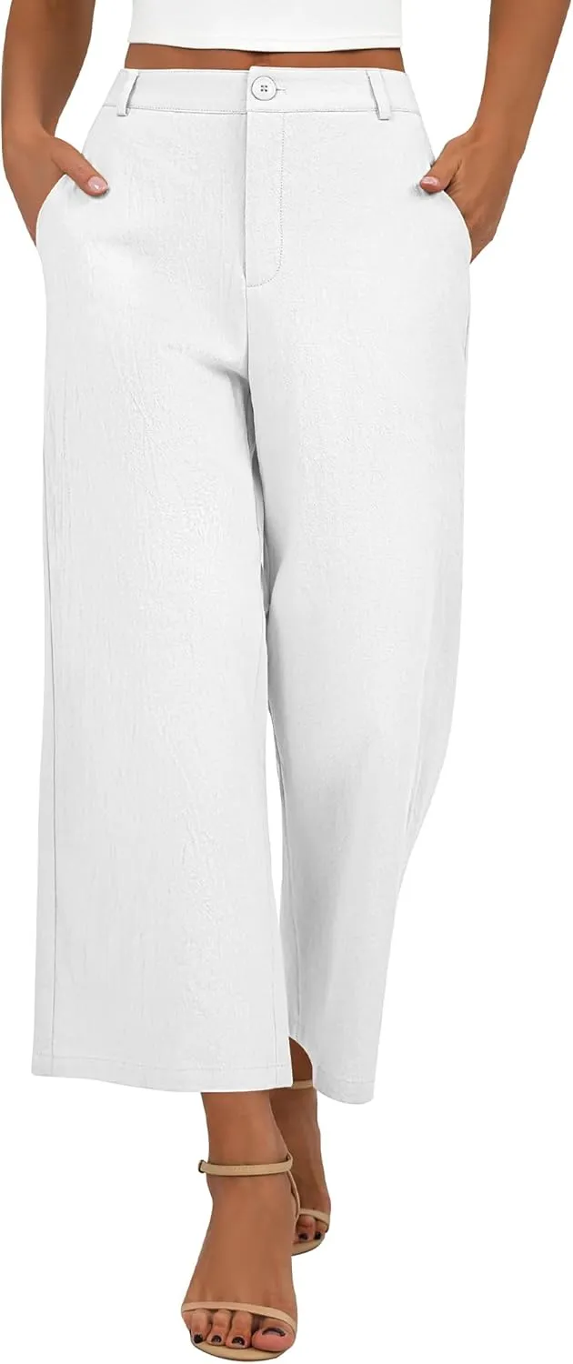 Neer Women's Cotton Linen Palazzo Pants, Casual Wide Leg Lounge Pants Summer High Waisted Flowy Trousers with Pockets