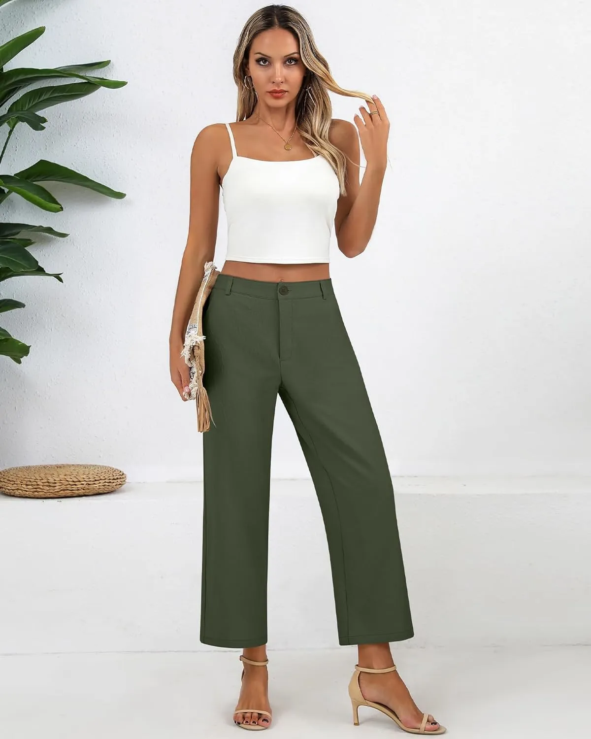 Neer Women's Cotton Linen Palazzo Pants, Casual Wide Leg Lounge Pants Summer High Waisted Flowy Trousers with Pockets