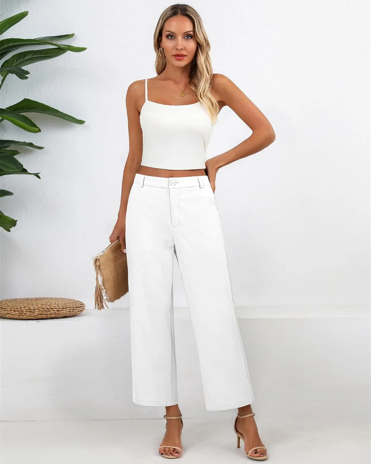 Neer Women's Cotton Linen Palazzo Pants, Casual Wide Leg Lounge Pants Summer High Waisted Flowy Trousers with Pockets