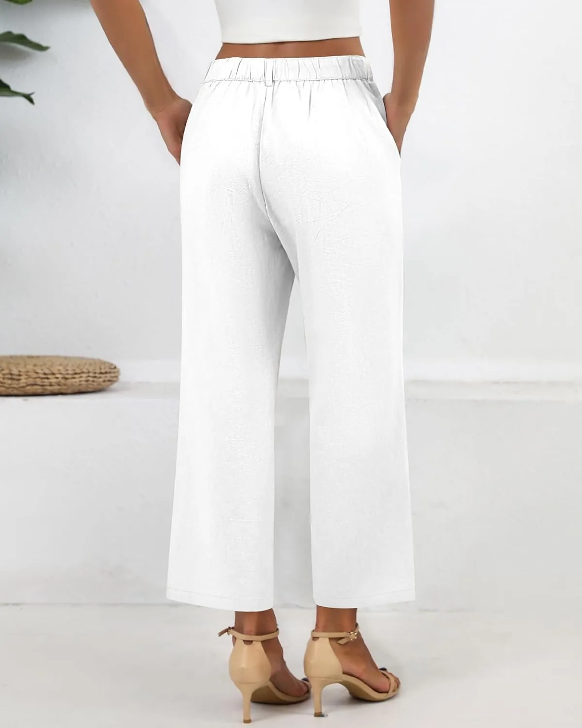 Neer Women's Cotton Linen Palazzo Pants, Casual Wide Leg Lounge Pants Summer High Waisted Flowy Trousers with Pockets