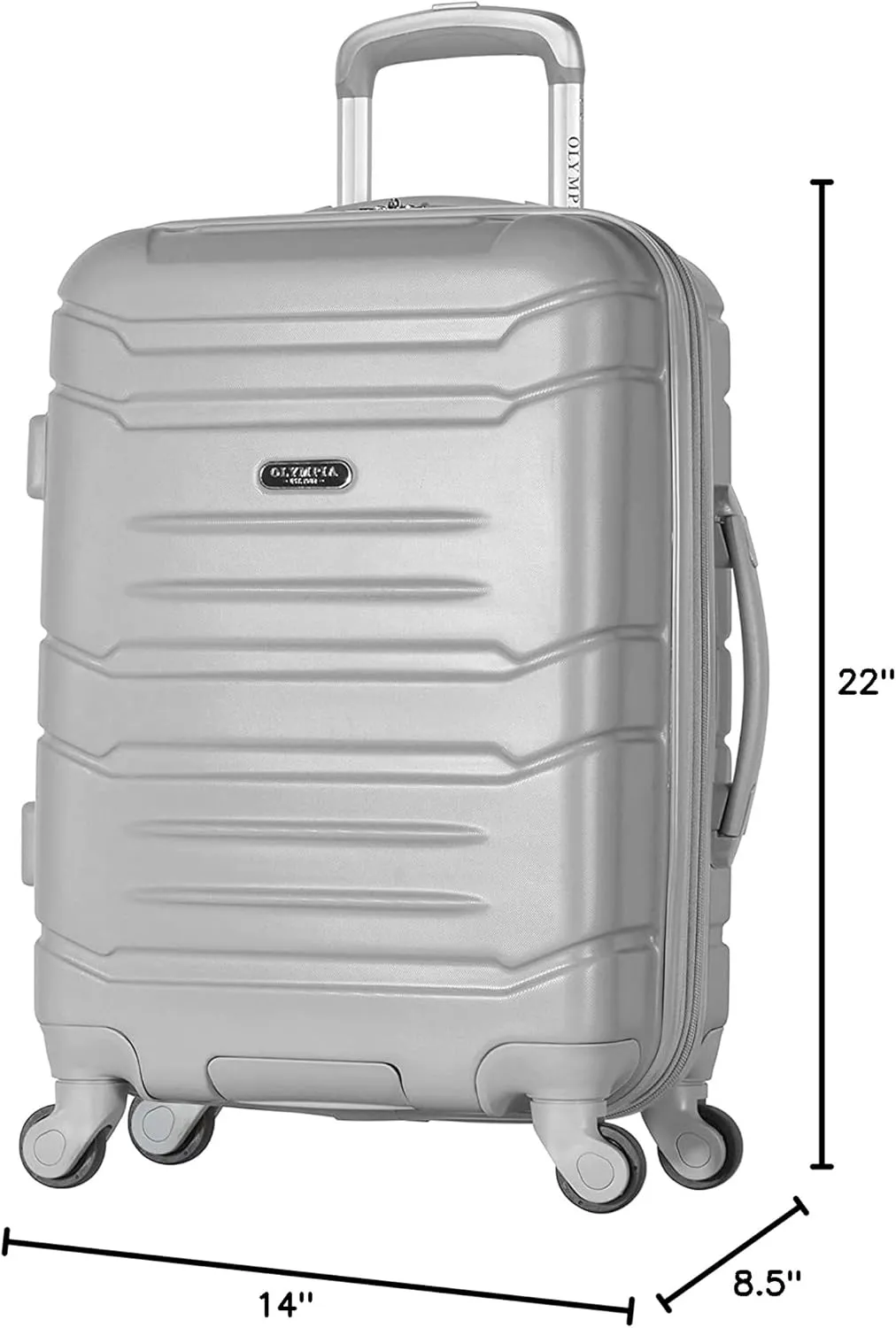 Olympia U.S.A. Denmark 21" Carry-On Suitcase - Lightweight Hardside Luggage, Expandable 30%, 4 Spinner Wheels, Utility Hook & Hidden Laptop Compartment (Silver)