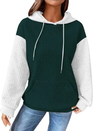 Oversized Hoodies for Women Color Block Waffle Sweatshirts Casual Drawstring Pullover with Pockets Fall Clothes