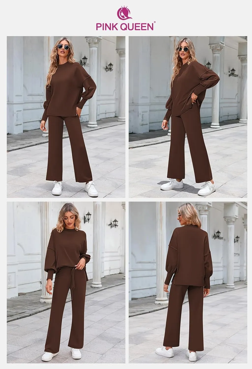 Pink Queen Women's 2 Piece Outfits Sweater Sets Knit Pullover Tops And Wide Leg Pants Loose Tracksuit Lounge Set