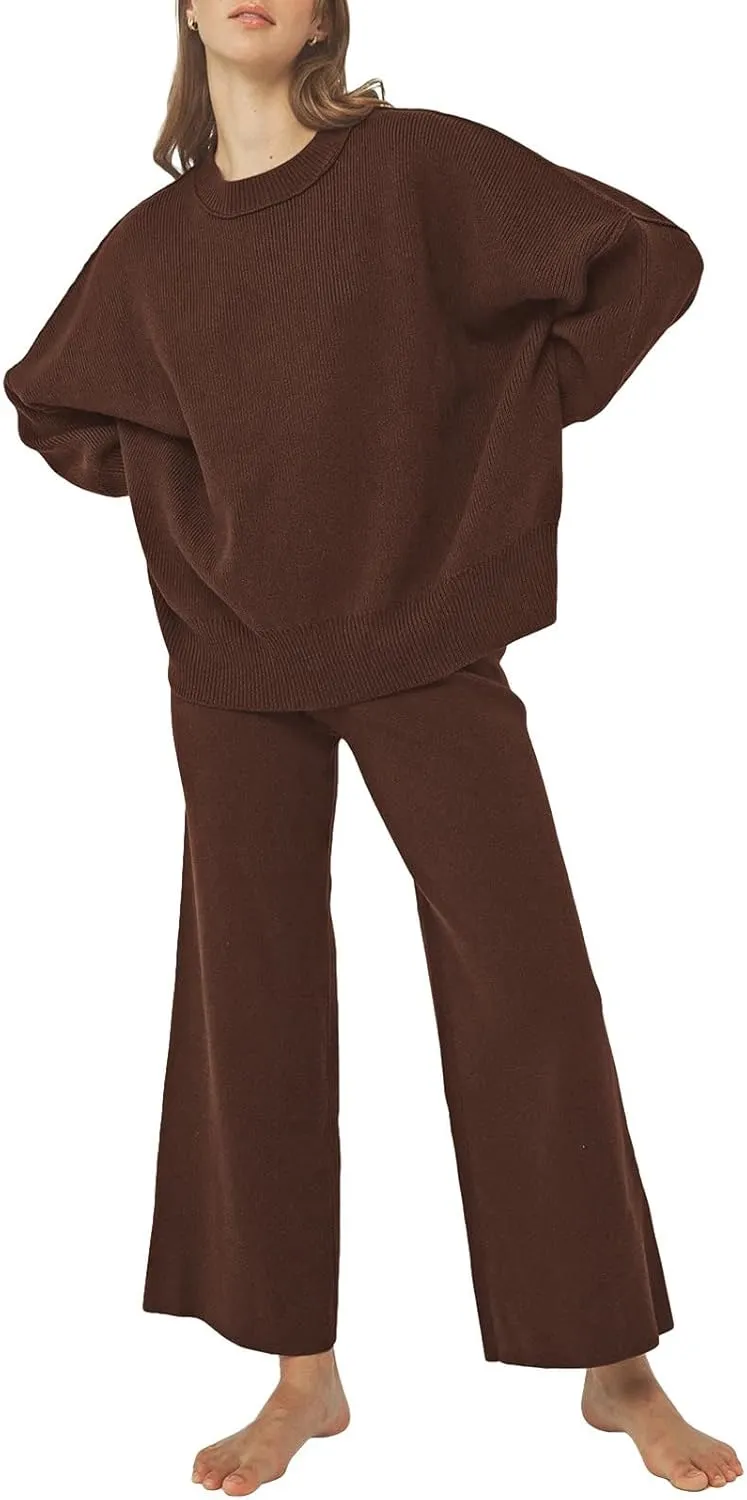 Pink Queen Women's 2 Piece Outfits Sweater Sets Knit Pullover Tops And Wide Leg Pants Loose Tracksuit Lounge Set