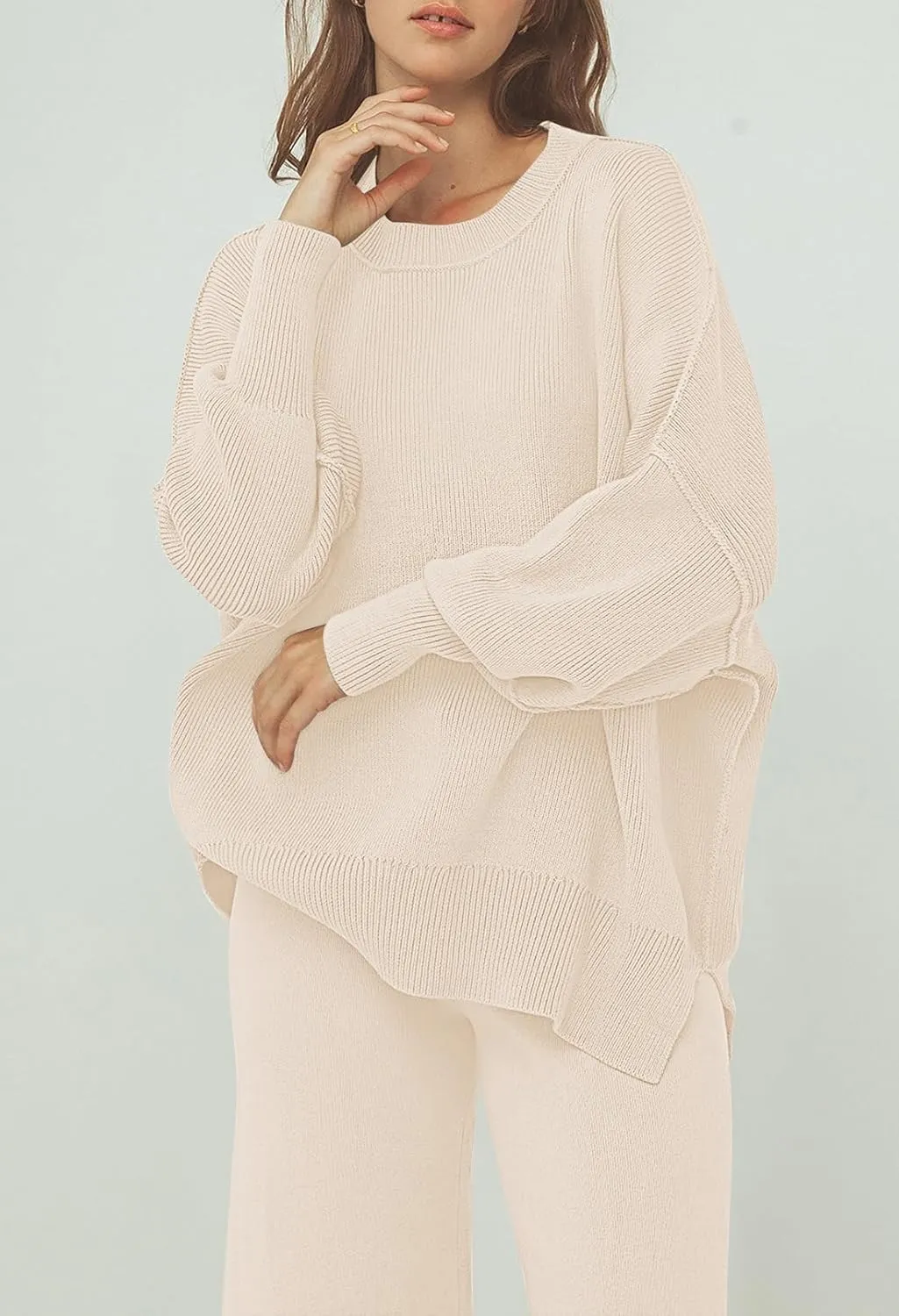 Pink Queen Women's 2 Piece Outfits Sweater Sets Knit Pullover Tops And Wide Leg Pants Loose Tracksuit Lounge Set