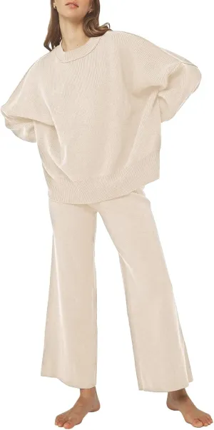 Pink Queen Women's 2 Piece Outfits Sweater Sets Knit Pullover Tops And Wide Leg Pants Loose Tracksuit Lounge Set