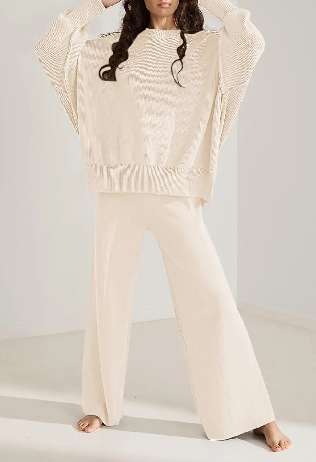 Pink Queen Women's 2 Piece Outfits Sweater Sets Knit Pullover Tops And Wide Leg Pants Loose Tracksuit Lounge Set