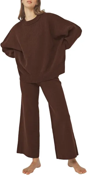 Pink Queen Women's 2 Piece Outfits Sweater Sets Knit Pullover Tops And Wide Leg Pants Loose Tracksuit Lounge Set