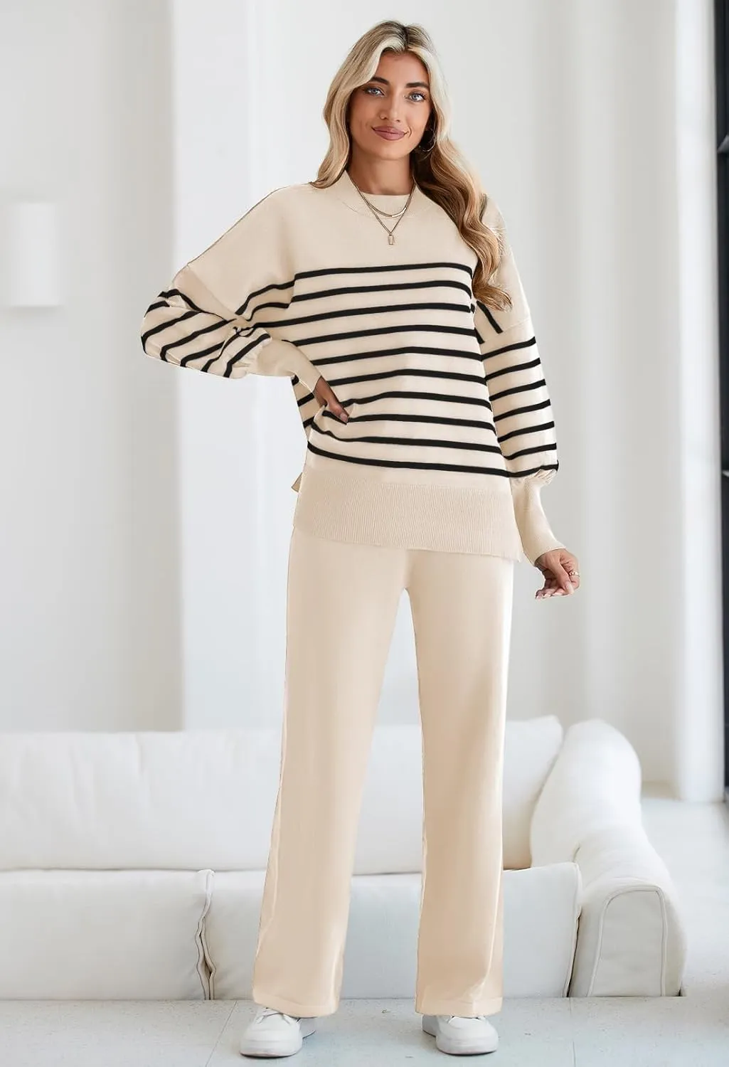 Pink Queen Women's 2 Piece Outfits Sweater Sets Knit Pullover Tops And Wide Leg Pants Loose Tracksuit Lounge Set