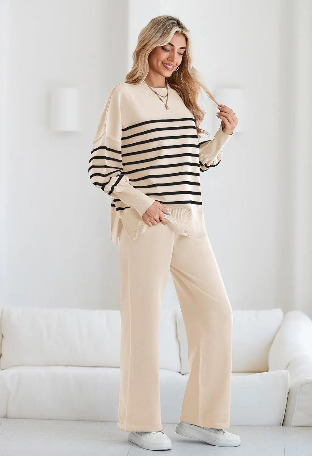 Pink Queen Women's 2 Piece Outfits Sweater Sets Knit Pullover Tops And Wide Leg Pants Loose Tracksuit Lounge Set