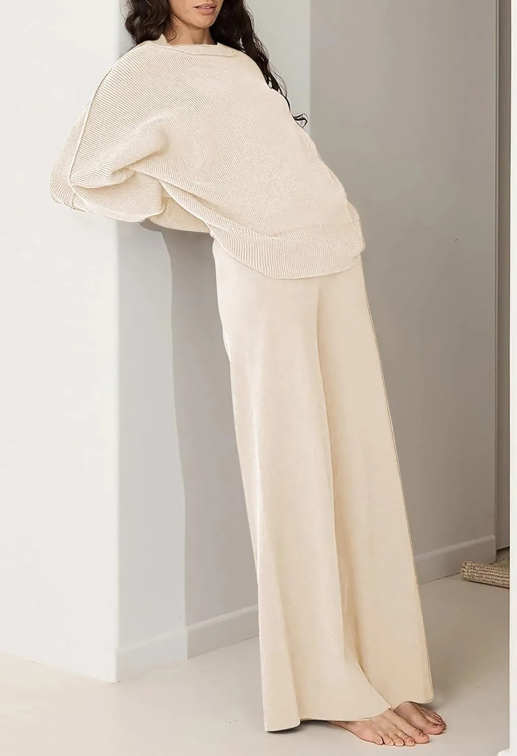 Pink Queen Women's 2 Piece Outfits Sweater Sets Knit Pullover Tops And Wide Leg Pants Loose Tracksuit Lounge Set