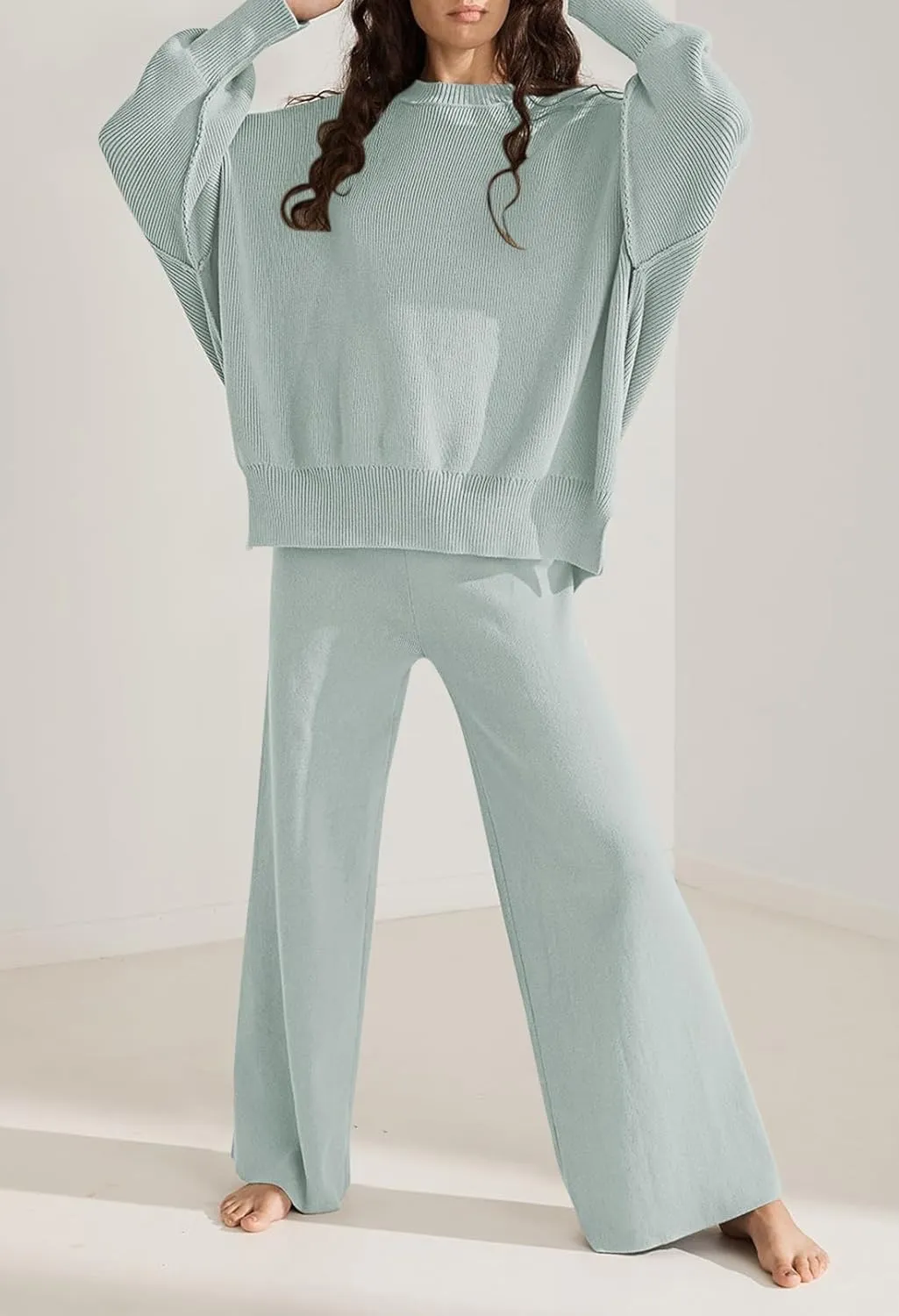 Pink Queen Women's 2 Piece Outfits Sweater Sets Knit Pullover Tops And Wide Leg Pants Loose Tracksuit Lounge Set