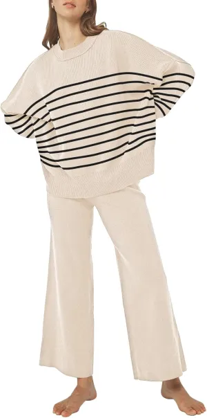Pink Queen Women's 2 Piece Outfits Sweater Sets Knit Pullover Tops And Wide Leg Pants Loose Tracksuit Lounge Set