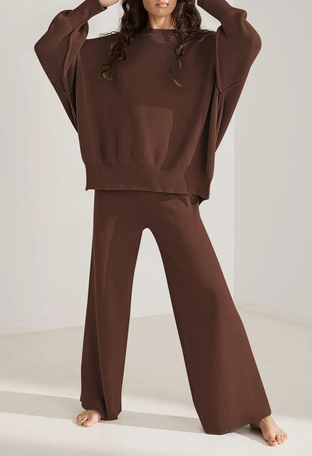 Pink Queen Women's 2 Piece Outfits Sweater Sets Knit Pullover Tops And Wide Leg Pants Loose Tracksuit Lounge Set