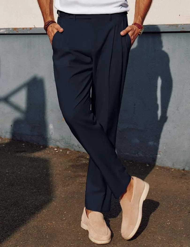PJ PAUL JONES Mens Linen Dress Pants Casual Slim Fit Expandable Wasit Pleated Front Trousers