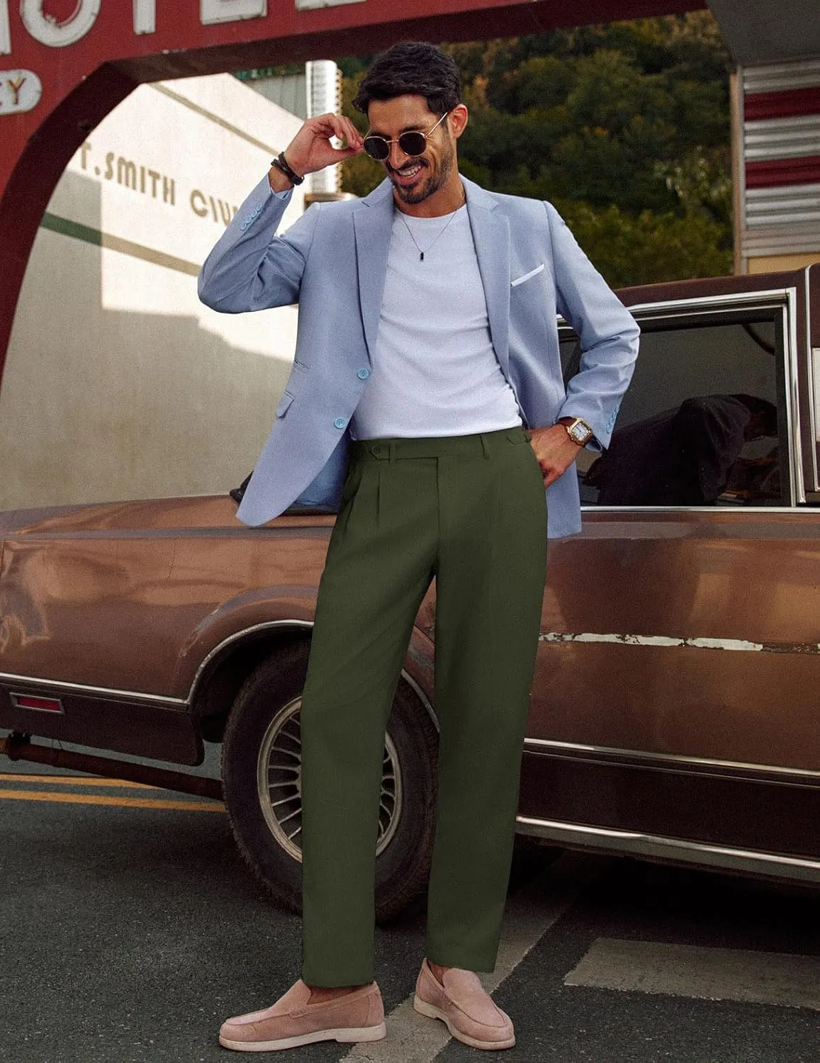 PJ PAUL JONES Mens Linen Dress Pants Casual Slim Fit Expandable Wasit Pleated Front Trousers