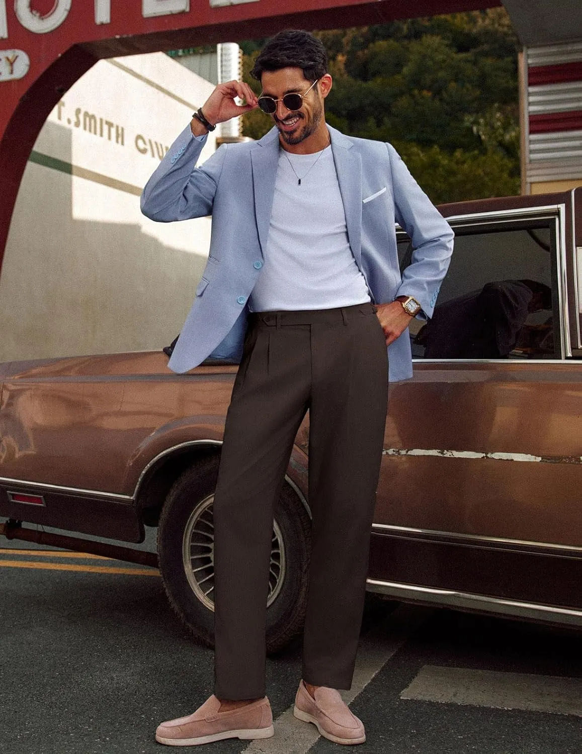 PJ PAUL JONES Mens Linen Dress Pants Casual Slim Fit Expandable Wasit Pleated Front Trousers