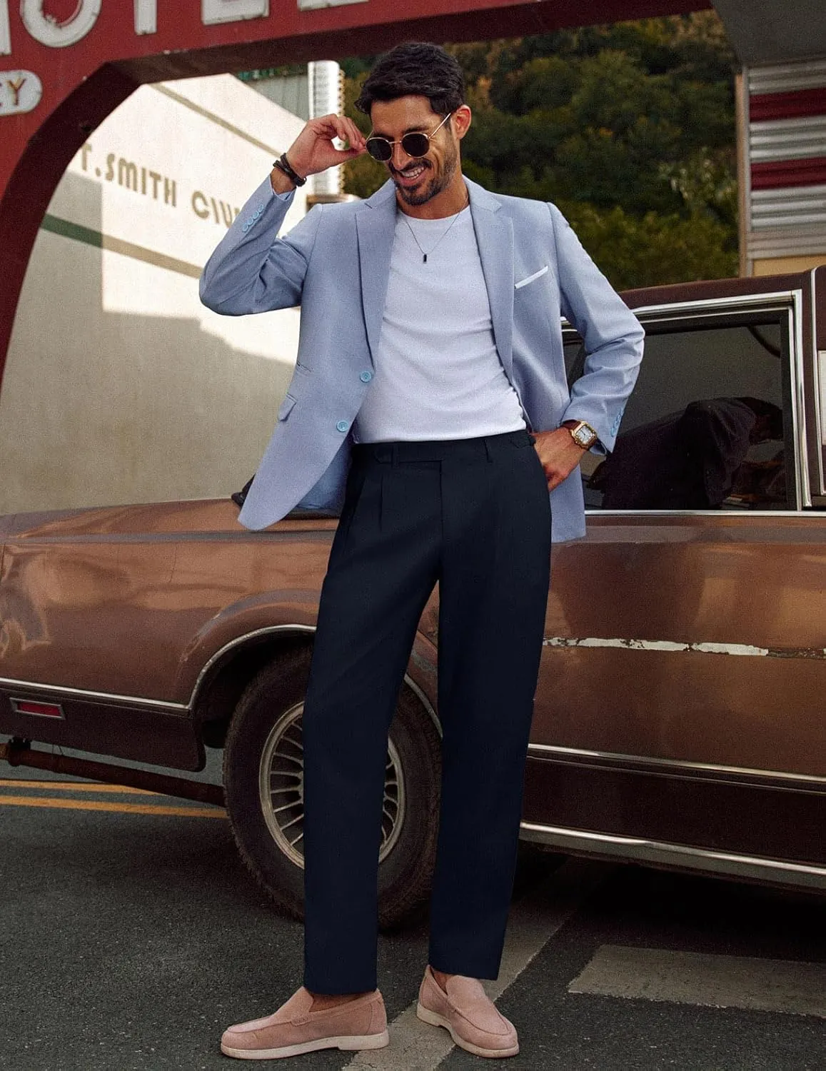 PJ PAUL JONES Mens Linen Dress Pants Casual Slim Fit Expandable Wasit Pleated Front Trousers