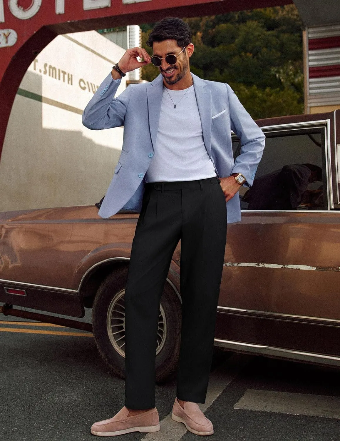 PJ PAUL JONES Mens Linen Dress Pants Casual Slim Fit Expandable Wasit Pleated Front Trousers