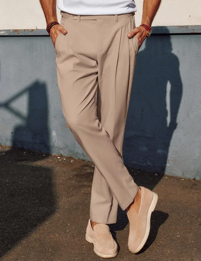 PJ PAUL JONES Mens Linen Dress Pants Casual Slim Fit Expandable Wasit Pleated Front Trousers