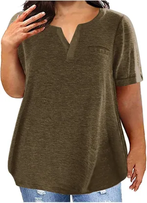 Plus Size Tops for Women Short Sleeve Cotton Summer Shirts Loose Fit V Neck T Shirt Solid Color Top with Front Pocket
