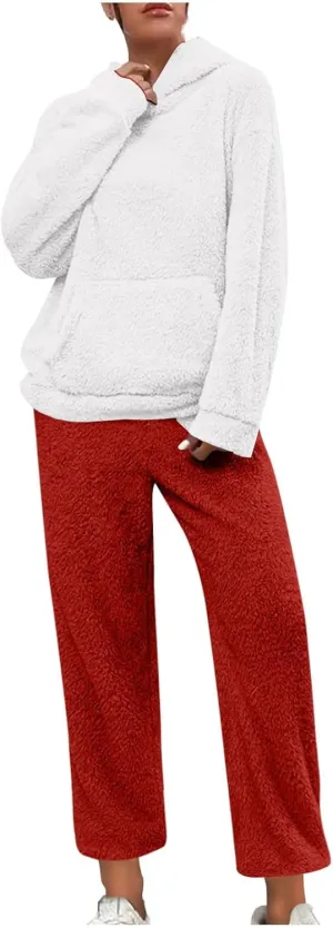 Plus Size Women Fluffy Pajamas Set Fleece Fuzzy Winter Warm Pj Sets Pullover Pants Plush 2 Piece Loungewear Sleepwear