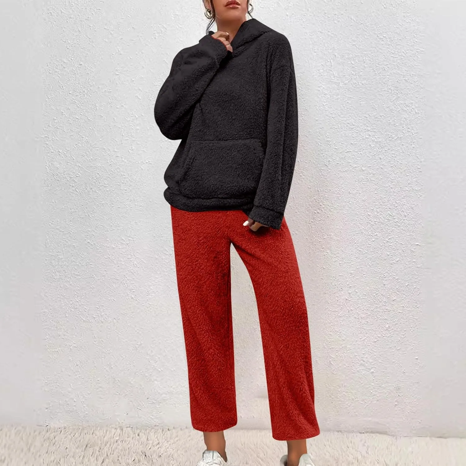 Plus Size Women Fluffy Pajamas Set Fleece Fuzzy Winter Warm Pj Sets Pullover Pants Plush 2 Piece Loungewear Sleepwear
