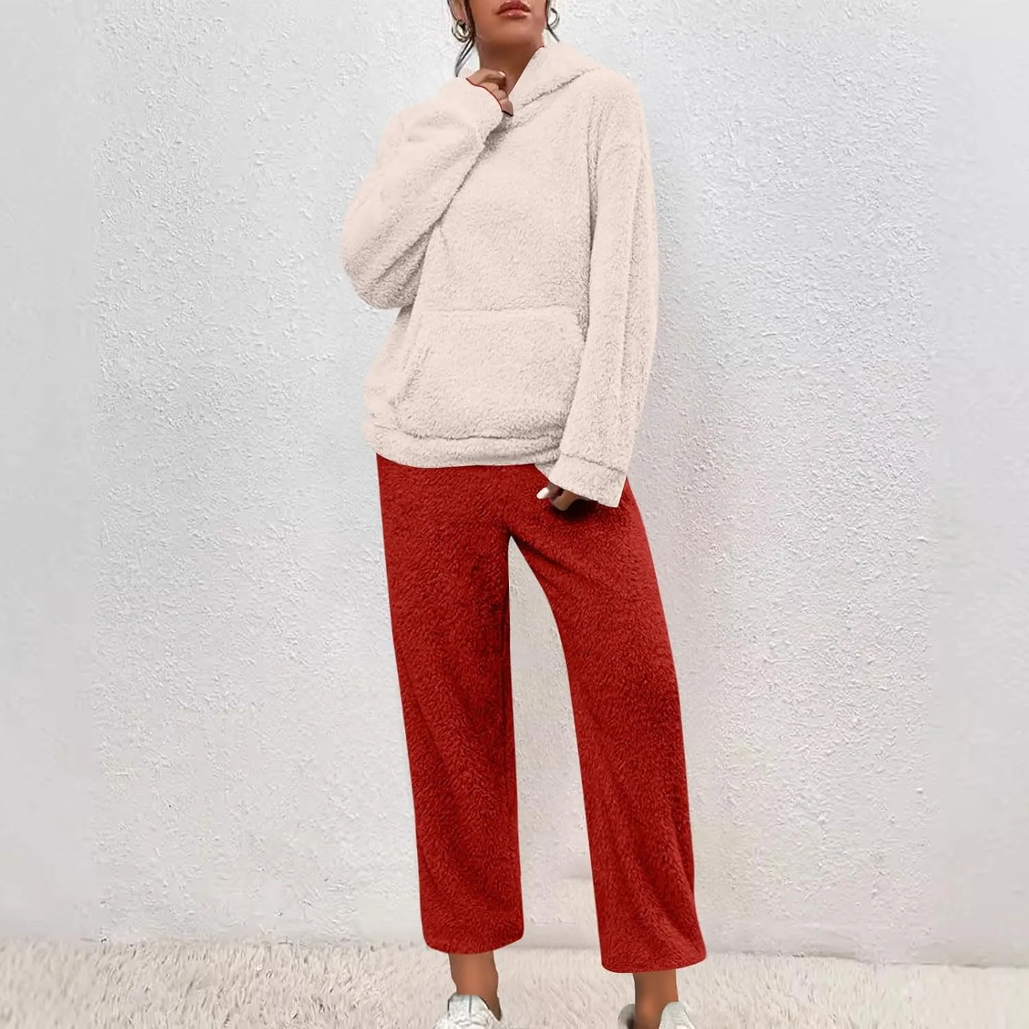 Plus Size Women Fluffy Pajamas Set Fleece Fuzzy Winter Warm Pj Sets Pullover Pants Plush 2 Piece Loungewear Sleepwear