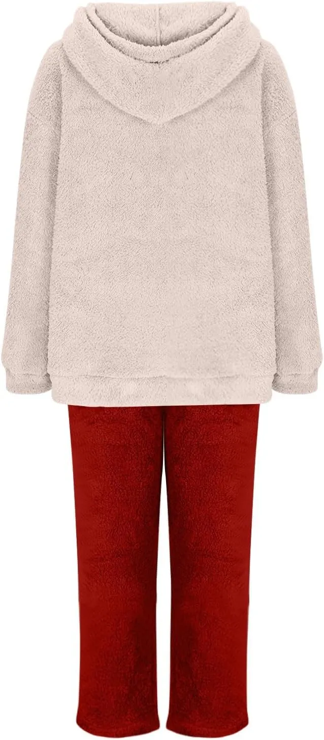 Plus Size Women Fluffy Pajamas Set Fleece Fuzzy Winter Warm Pj Sets Pullover Pants Plush 2 Piece Loungewear Sleepwear