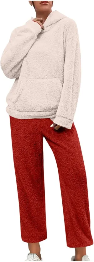 Plus Size Women Fluffy Pajamas Set Fleece Fuzzy Winter Warm Pj Sets Pullover Pants Plush 2 Piece Loungewear Sleepwear