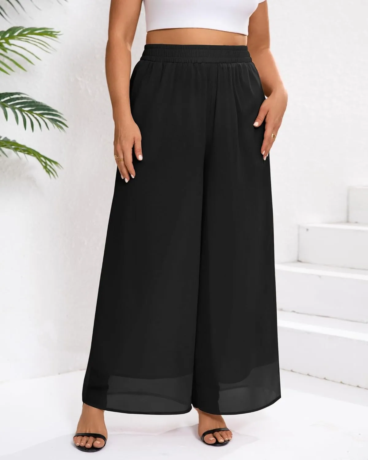 Plus Size Women's Chiffon Wide Leg Pant Flowy Palazoo Pant Loose Fit High Waisted Trouser for Ladies