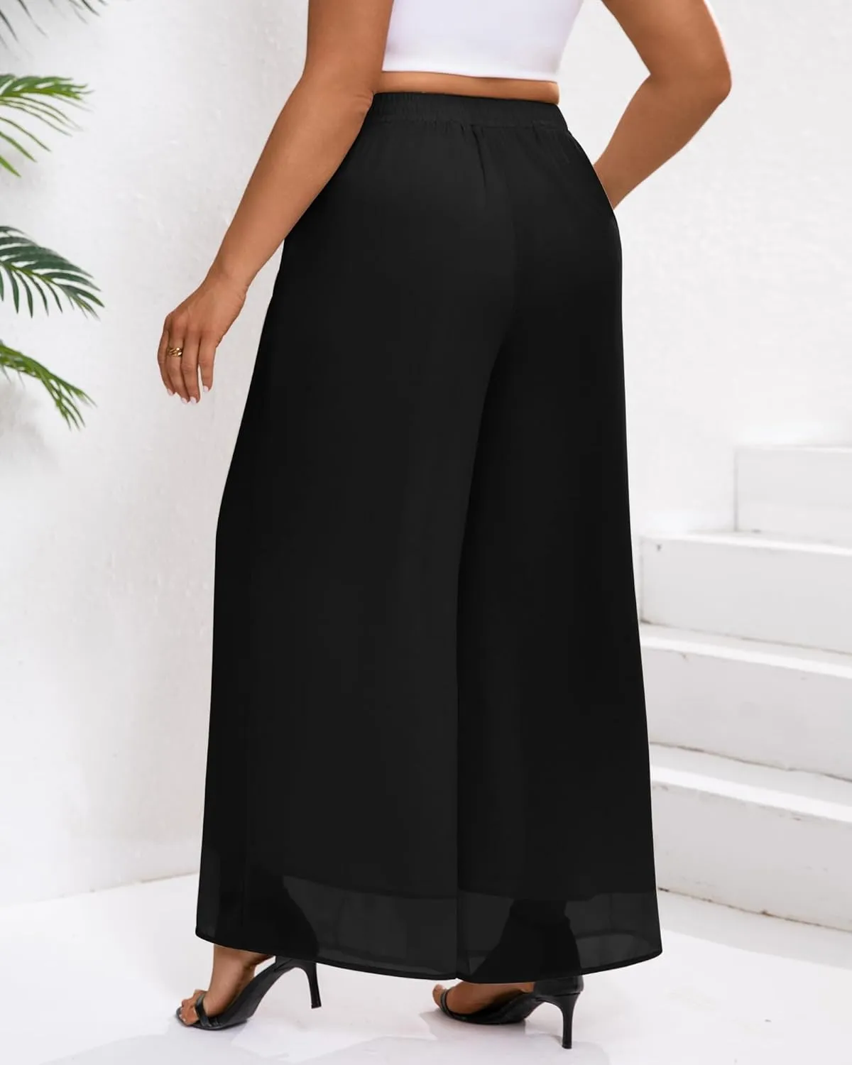 Plus Size Women's Chiffon Wide Leg Pant Flowy Palazoo Pant Loose Fit High Waisted Trouser for Ladies