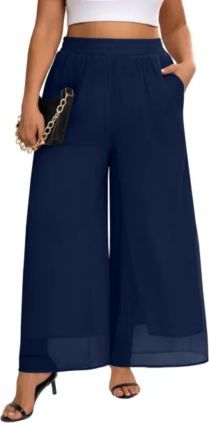 Plus Size Women's Chiffon Wide Leg Pant Flowy Palazoo Pant Loose Fit High Waisted Trouser for Ladies