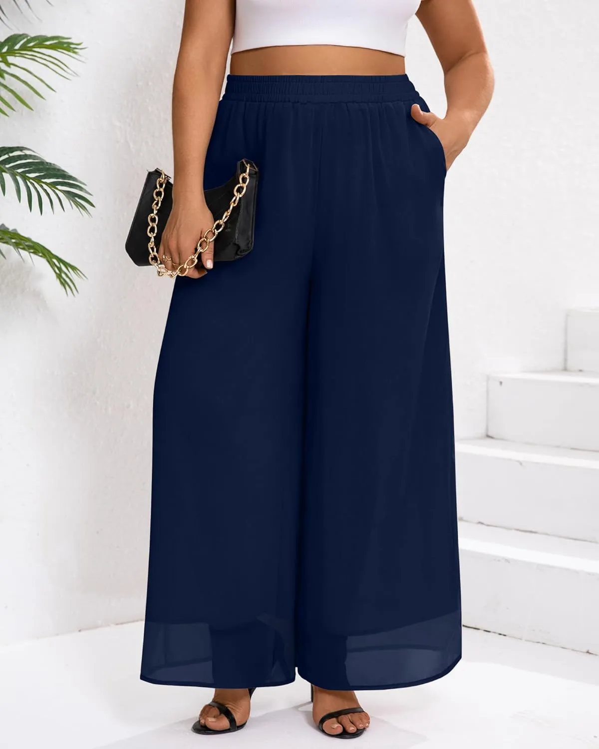 Plus Size Women's Chiffon Wide Leg Pant Flowy Palazoo Pant Loose Fit High Waisted Trouser for Ladies