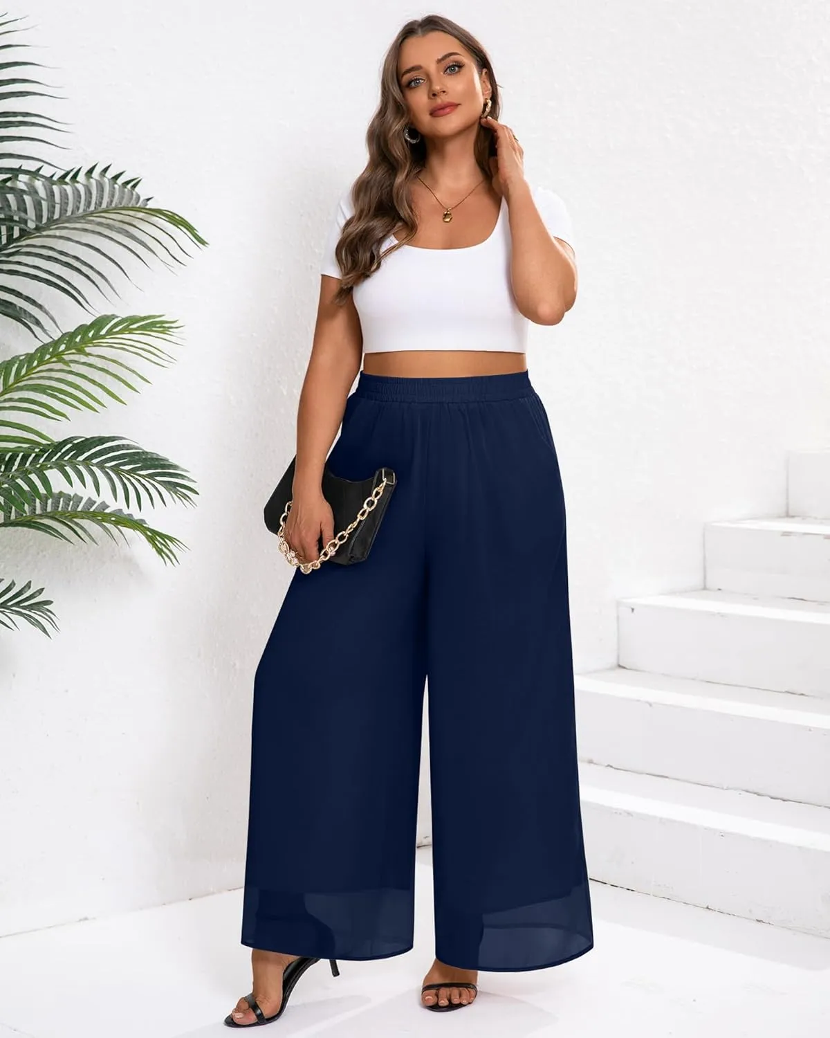 Plus Size Women's Chiffon Wide Leg Pant Flowy Palazoo Pant Loose Fit High Waisted Trouser for Ladies