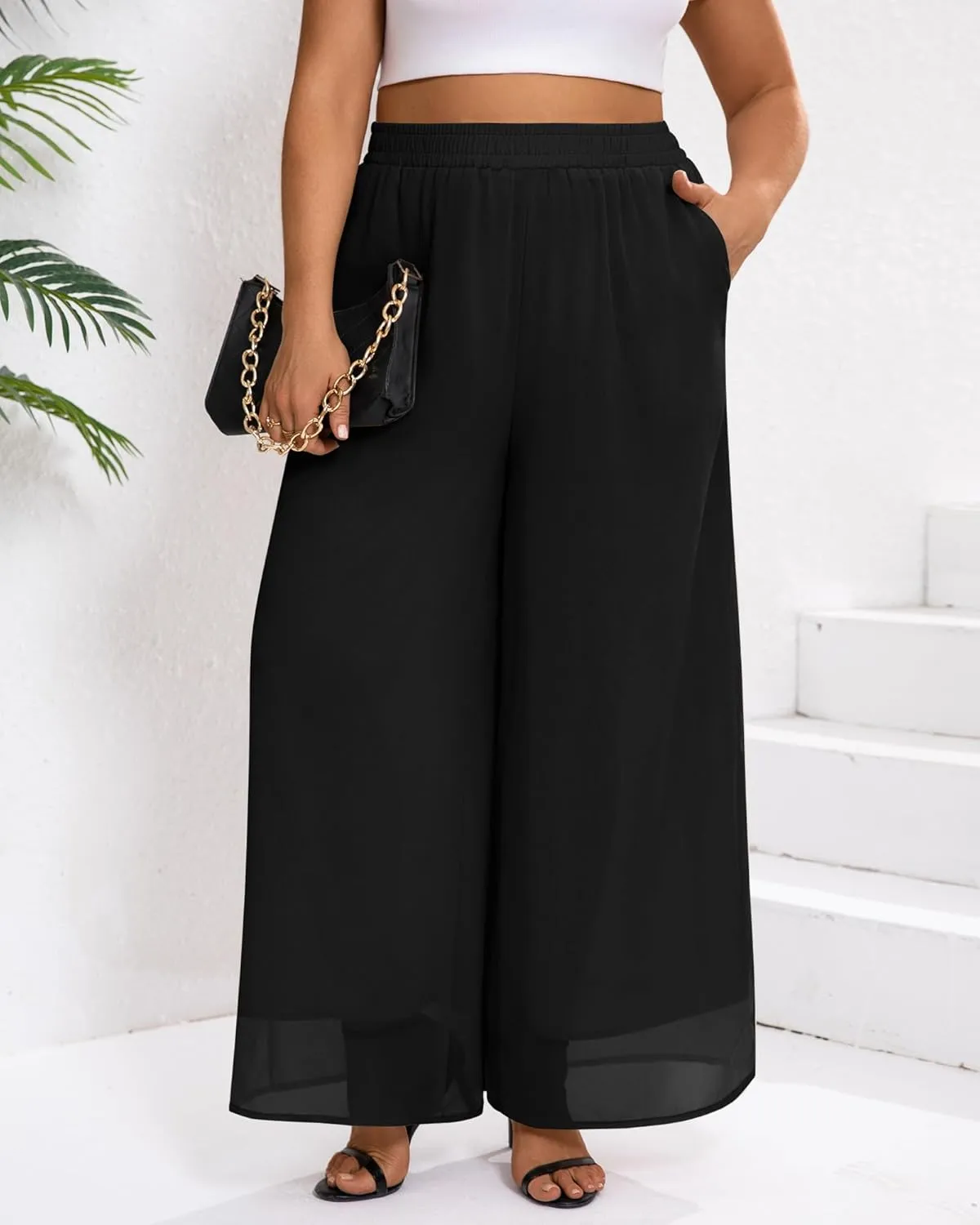 Plus Size Women's Chiffon Wide Leg Pant Flowy Palazoo Pant Loose Fit High Waisted Trouser for Ladies