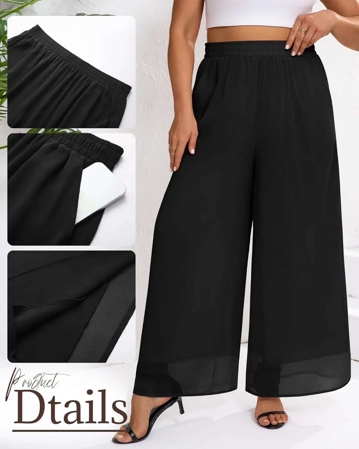 Plus Size Women's Chiffon Wide Leg Pant Flowy Palazoo Pant Loose Fit High Waisted Trouser for Ladies