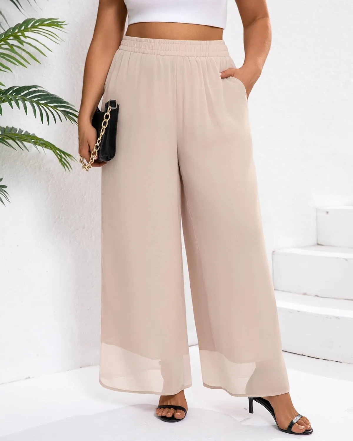 Plus Size Women's Chiffon Wide Leg Pant Flowy Palazoo Pant Loose Fit High Waisted Trouser for Ladies