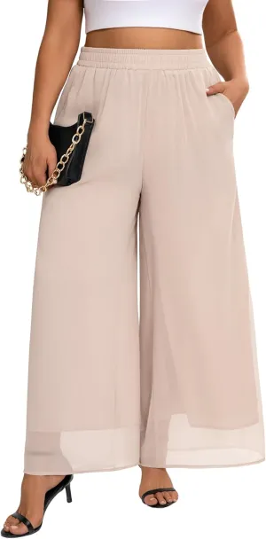 Plus Size Women's Chiffon Wide Leg Pant Flowy Palazoo Pant Loose Fit High Waisted Trouser for Ladies