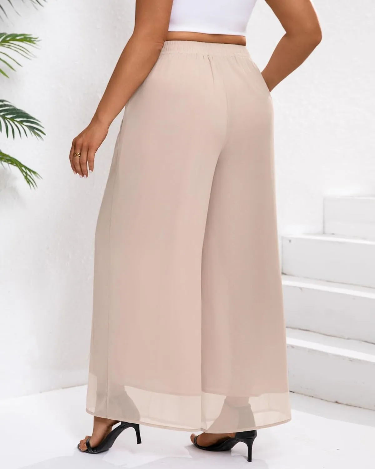 Plus Size Women's Chiffon Wide Leg Pant Flowy Palazoo Pant Loose Fit High Waisted Trouser for Ladies