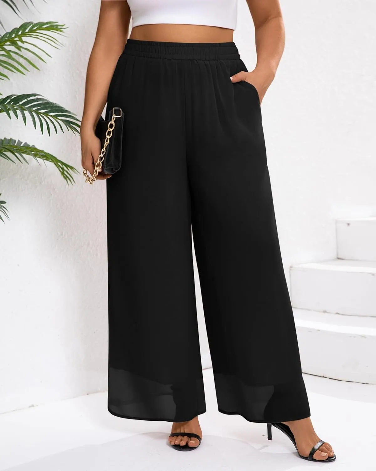 Plus Size Women's Chiffon Wide Leg Pant Flowy Palazoo Pant Loose Fit High Waisted Trouser for Ladies