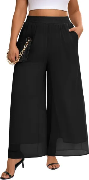 Plus Size Women's Chiffon Wide Leg Pant Flowy Palazoo Pant Loose Fit High Waisted Trouser for Ladies