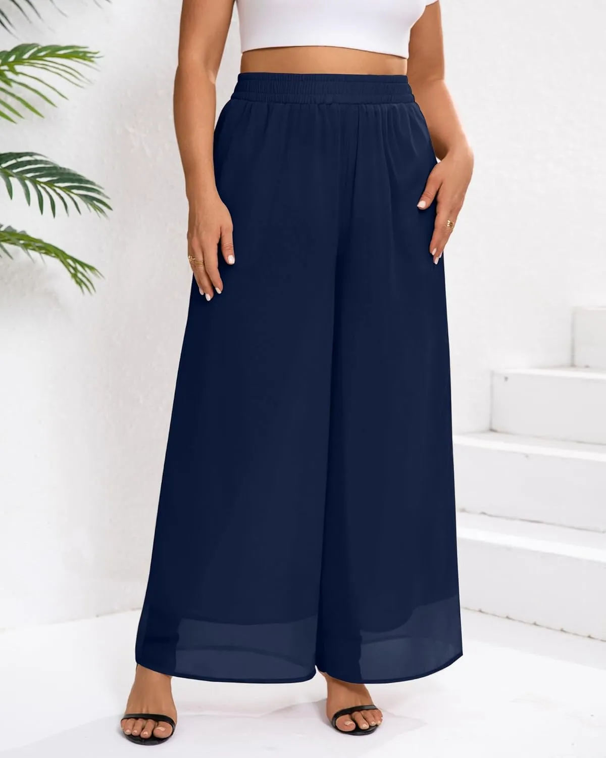 Plus Size Women's Chiffon Wide Leg Pant Flowy Palazoo Pant Loose Fit High Waisted Trouser for Ladies