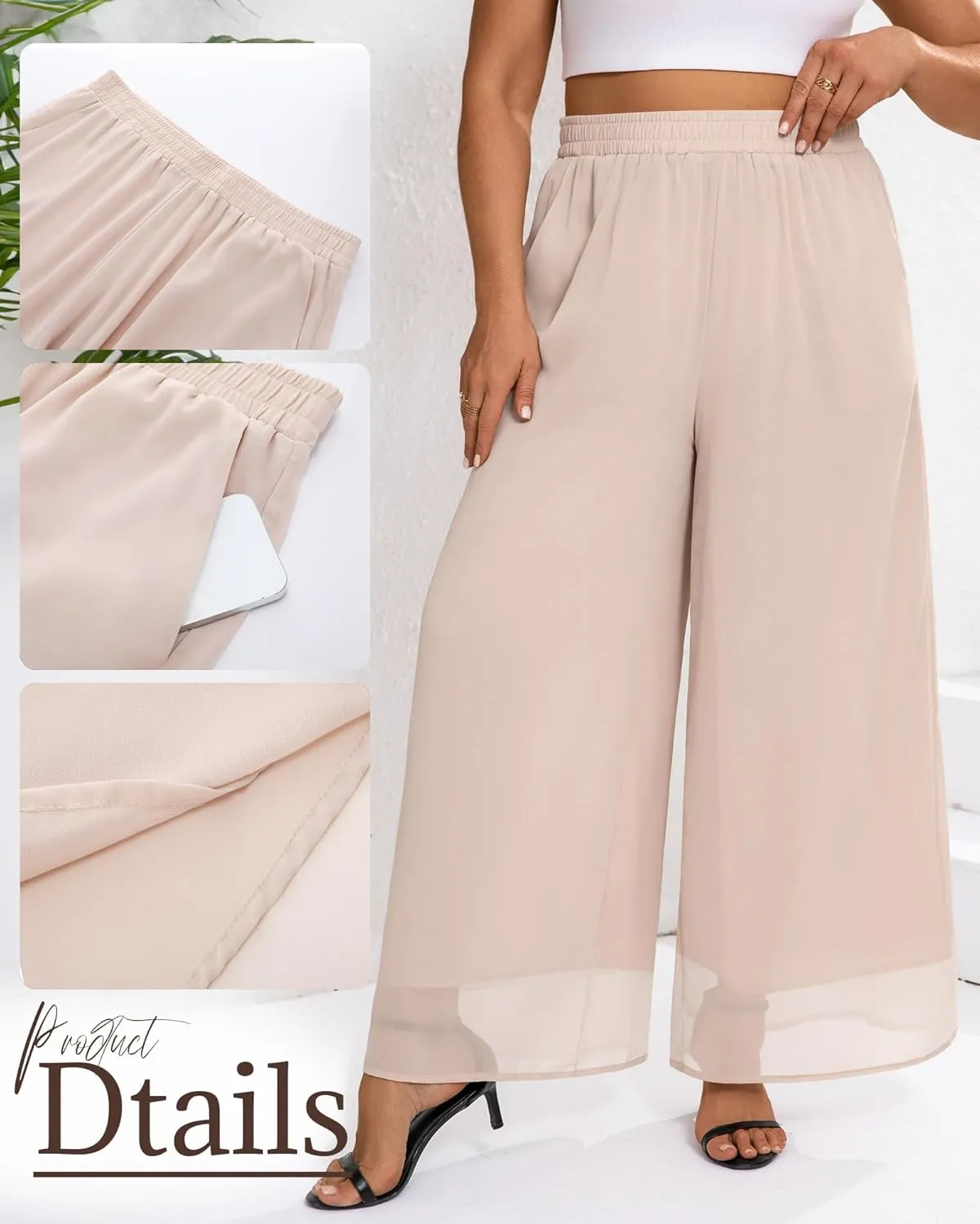 Plus Size Women's Chiffon Wide Leg Pant Flowy Palazoo Pant Loose Fit High Waisted Trouser for Ladies