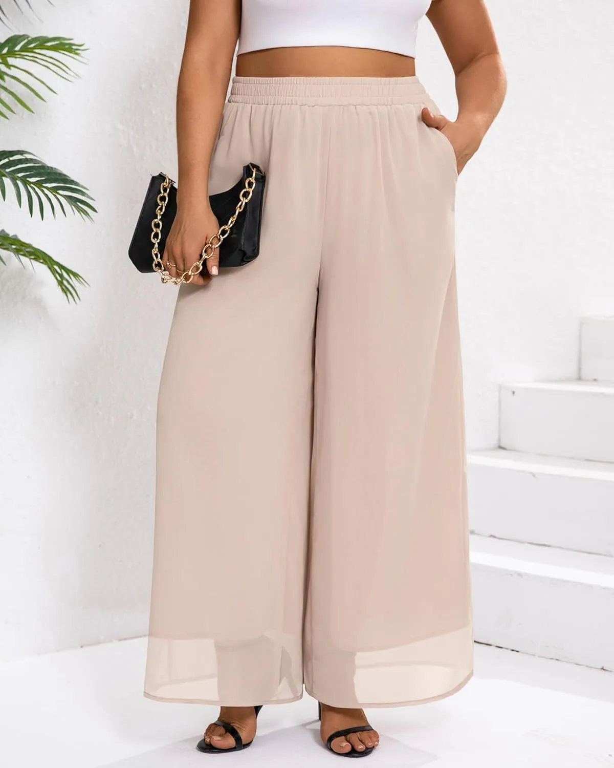 Plus Size Women's Chiffon Wide Leg Pant Flowy Palazoo Pant Loose Fit High Waisted Trouser for Ladies