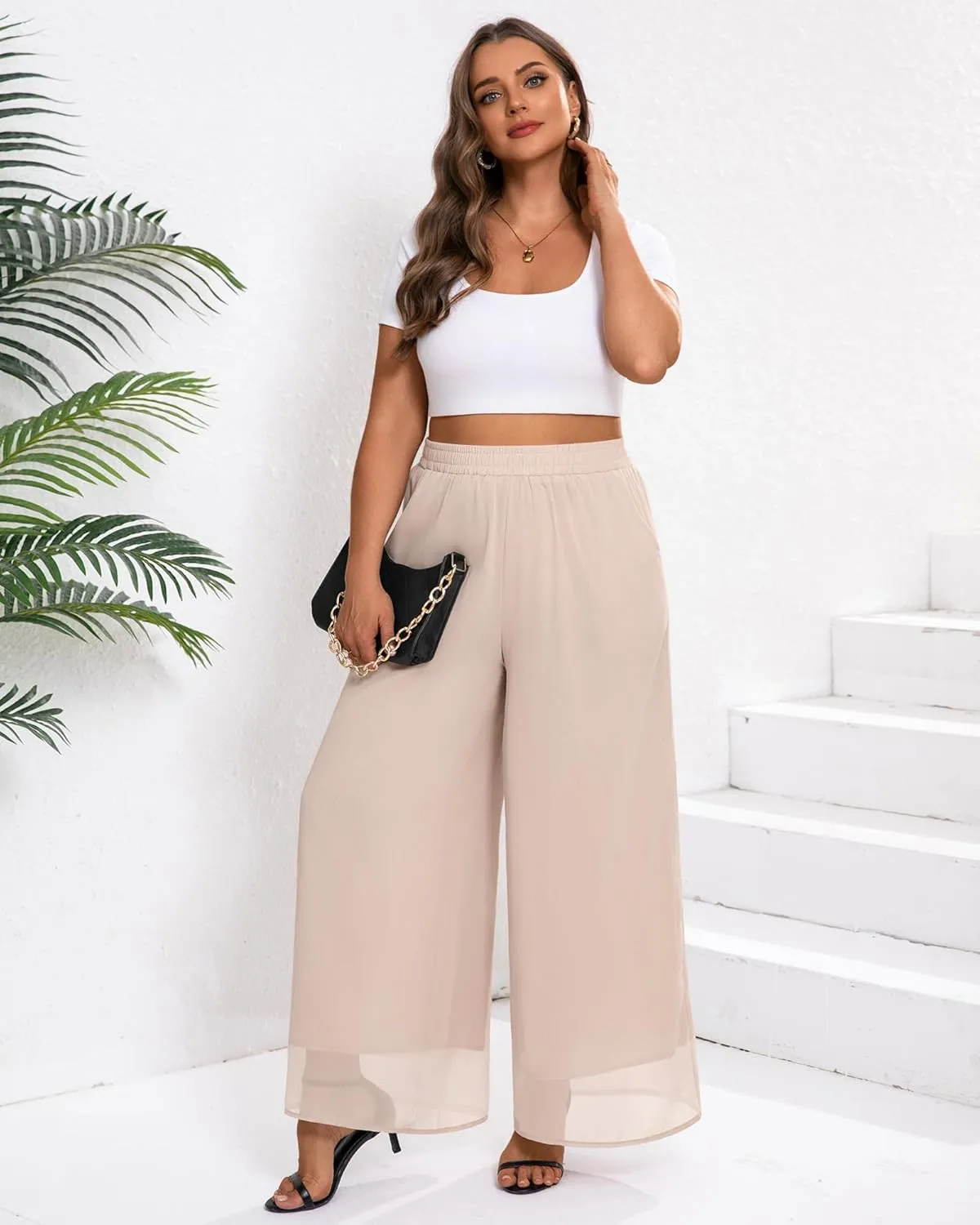 Plus Size Women's Chiffon Wide Leg Pant Flowy Palazoo Pant Loose Fit High Waisted Trouser for Ladies